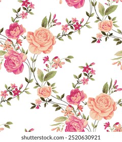 The image is a background pattern featuring a floral design with pink garden roses and petals.