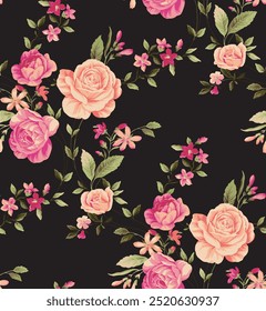 The image is a background pattern featuring a floral design with pink garden roses and petals.