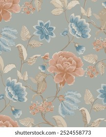 The image is a background pattern featuring a floral motif commonly found on fabric, clothing, and wrapping paper. It resembles intricate embroidery work.