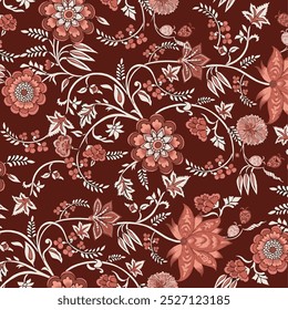 Das Bild ist ein Hintergrundmuster mit floralen Motiven, die häufig auf Kleidung und Stoff zu finden sind. Es erinnert an Verpackungspapierdesigns.