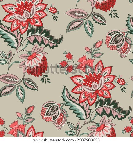 The image is a background pattern featuring floral motifs and embroidery commonly found on clothing or fabric.