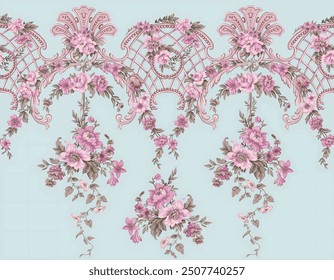 The image is a background pattern featuring a flower motif in shades of lilac and pink. It appears to be a fabric with embroidery details.