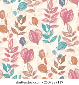 The image is a background pattern featuring flowers, resembling a painting or drawing. It can be used for fabric, clothing design, or as wrapping paper.