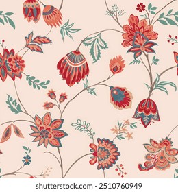 The image is a background pattern featuring flowers, drawing, embroidery, and fabric.