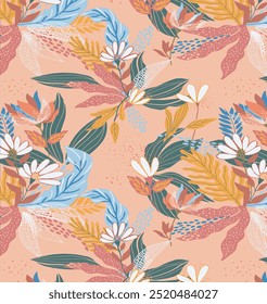 The image is a background pattern featuring flowers. It resembles a painting and can be used for wrapping paper or fabric design. The illustration shows a plant motif.