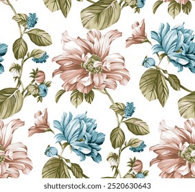 The image is a background pattern featuring flowers, designed as an illustration on fabric.