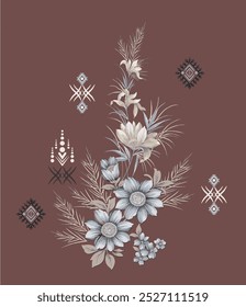 La Imagen es un patrón de fondo con flores y copos de nieve en un diseño artístico.