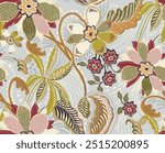 The image is a background pattern featuring motifs of flowers, possibly used for clothing, fabric, or wrapping paper. It may also resemble embroidery designs.