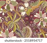 The image is a background pattern featuring motifs of flowers. It can be used for clothing, fabric, wrapping paper, or embroidery designs.