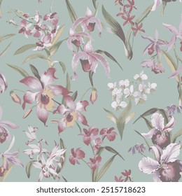 The image is a background pattern featuring orchid flowers, plants, and petals.