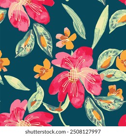 The image is a background pattern featuring petal, painting, fabric, and flower elements.