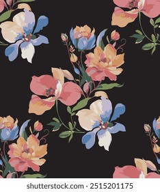 The image is a background pattern featuring petals, plants, flowers, and pedicels.