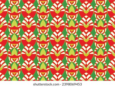 The image is a background pattern featuring a symmetrical design in red and colorful hues. It could be used for clothing, wrapping paper, or fabric motifs. Abstract Illustrations vector.