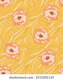 The image is a background pattern featuring yellow flowers. It appears to be a drawing or painting of individuals. The pattern could be used for clothing, fabric, or wrapping paper.