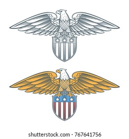 Image of the bald eagle with shield. American eagle with the usa flag. Vintage vector illustration.