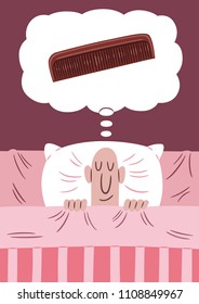 Image of a bald man in bed dreaming of a comb