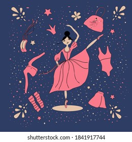 image of a ballerina girl in a pink dress and items of ballet clothing on a blue background
