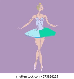 The image of the ballerina on a lilac background. A woman dressed in a tutu. Wearing Pointe shoes.