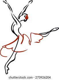The image of a ballerina. Woman dancing in black tights and a red skirt. Wearing Pointe shoes.