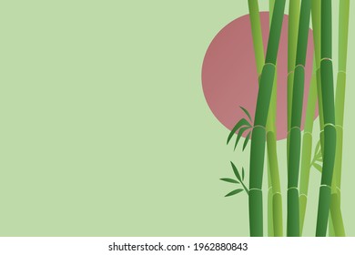 Imagen de un bambú sobre un fondo verde con un sol rojo. Ilustración vectorial.