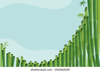 Image of bamboo trunks with leaves on a green background with a red sun. Vector illustration.