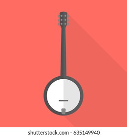 Image of a banjo on a red background. Flat design