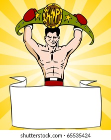 An image of a banner with a boxer fighter holding a championship belt.