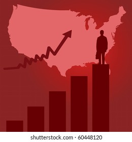 Image of a bar graph and business man on red background.