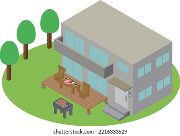 An image of a barbecue on an isometric wooden deck