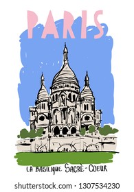 Image of the Basilique du Sacré-Cœur  in Paris. Color illustration of the building is designed as a postcard, suitable for posters, t-shirts, invitations.