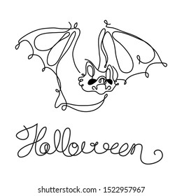 An image of a bat and a Halloween banner in the style of line art. Lettering Halloween. For use in the design of Halloween prints and holiday decorations. 