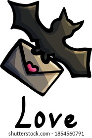 Image of bat and letter on white background, isolated, cartoon style, humor, comic, magic, dark, darkness, evil, for children, fun, funny, joke, Valentines day, love, romantic, send, fly, Halloween