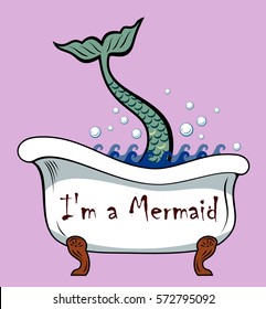 The image of a Bath, from which peeps mermaid tail in the traditional style of Old school tattoo pin-up