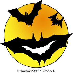 Image of bats on the background of the moon. Bats on a background of bright orange moon. Vector illustration of bats and bright moon. Hand drawn bats on the background of the moon.