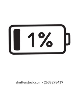 An image of a battery icon with only one percent of charge left illustrating low power or energy depletion.