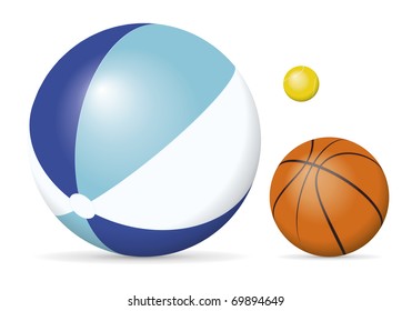 An image of a beach ball, tennis ball and a basket ball