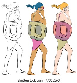 An image of a beach girl talking on phone line drawing.