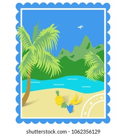 Image of the beach on the sea coast, decorated in the form of a postage stamp.