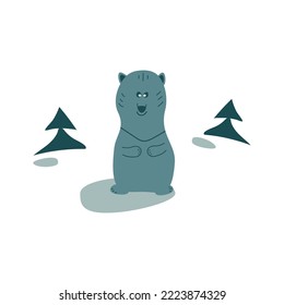 The image of a bear in a clearing among the trees in green tones