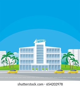 The image of beautiful big hotel in a seaside resort in an environment of tropical plants. Vector background.