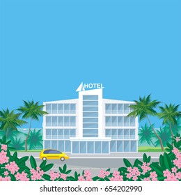 The image of beautiful big hotel in a seaside resort in an environment of tropical plants. Vector background.