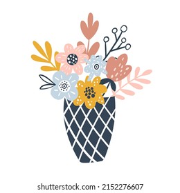 Image with a beautiful bouquet of flowers in a black vase on a white background. Vector graphics for the design of cards, posters, covers, prints for t-shirts, mugs, pillows, packages.