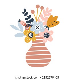 Image with a beautiful bouquet of flowers in a red vase on a white background. Vector graphics for the design of cards, posters, covers, prints for t-shirts, mugs, pillows, packages.