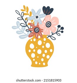 Image with a beautiful bouquet of flowers in a yellow vase on a white background. Vector graphics for the design of cards, posters, covers, prints for t-shirts, mugs, pillows, packages.
