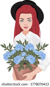 Image of a beautiful cute girl with red hair in a black hat holding a pot of blue flowers.stock isolated illustration on white background for printing on postcards, websites, shop advertising,cartoon