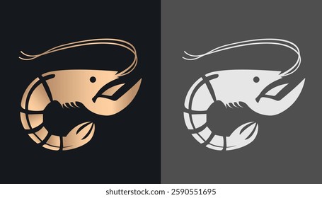 Image of a beautiful gold colored shrimp logo on a black and white background