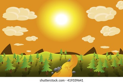 The image of a beautiful landscape. Vector image of forests, rivers and mountains for your project.