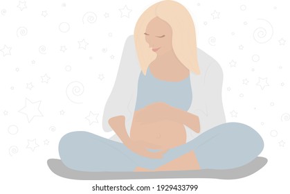 Image of a beautiful pregnant woman who sits and strokes her stomach. stock isolated illustration on white background for printing on postcards, websites, shop advertising in cartoon style