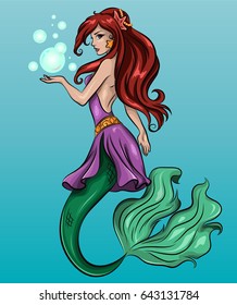 The image of a beautiful young mermaid with bubbles. Vector illustration