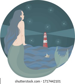 image of a beautiful young mermaid looking at a lighthouse in the blue sea.
stock isolated illustration on white background for printing on postcards, websites, shop advertising in cartoon style